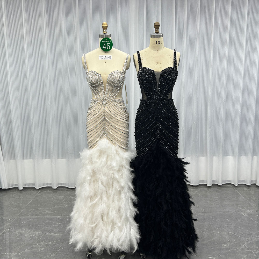 YQLNNE 045 White Feathers Crystals Wedding Party Gown Formal Evening Dress Mermaid