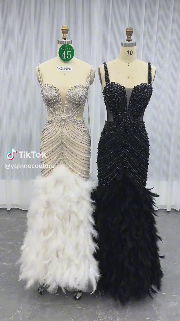 YQLNNE 045 White Feathers Crystals Wedding Party Gown Formal Evening Dress Mermaid