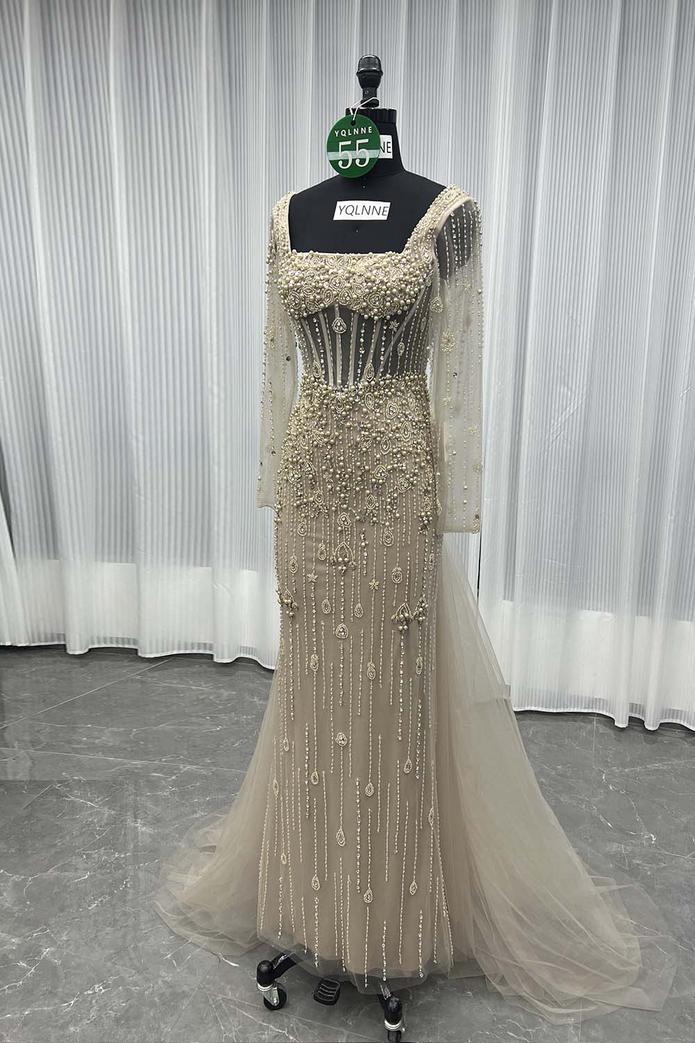 YQLNNE 055 Nude Long Sleeves Crystals Evening Dress Formal Party Gown Beaded
