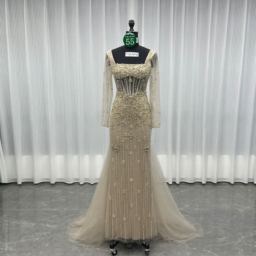 YQLNNE 055 Nude Long Sleeves Crystals Evening Dress Formal Party Gown Beaded