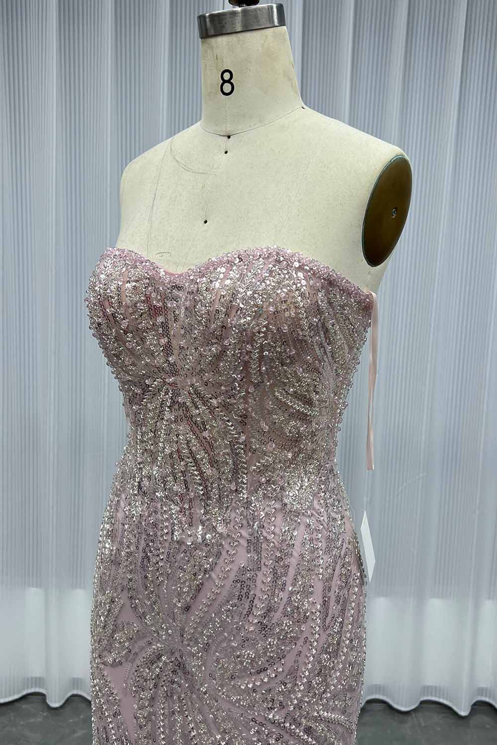 YQLNNE 0117 Pink Feathers Long Evening Dress With Beading