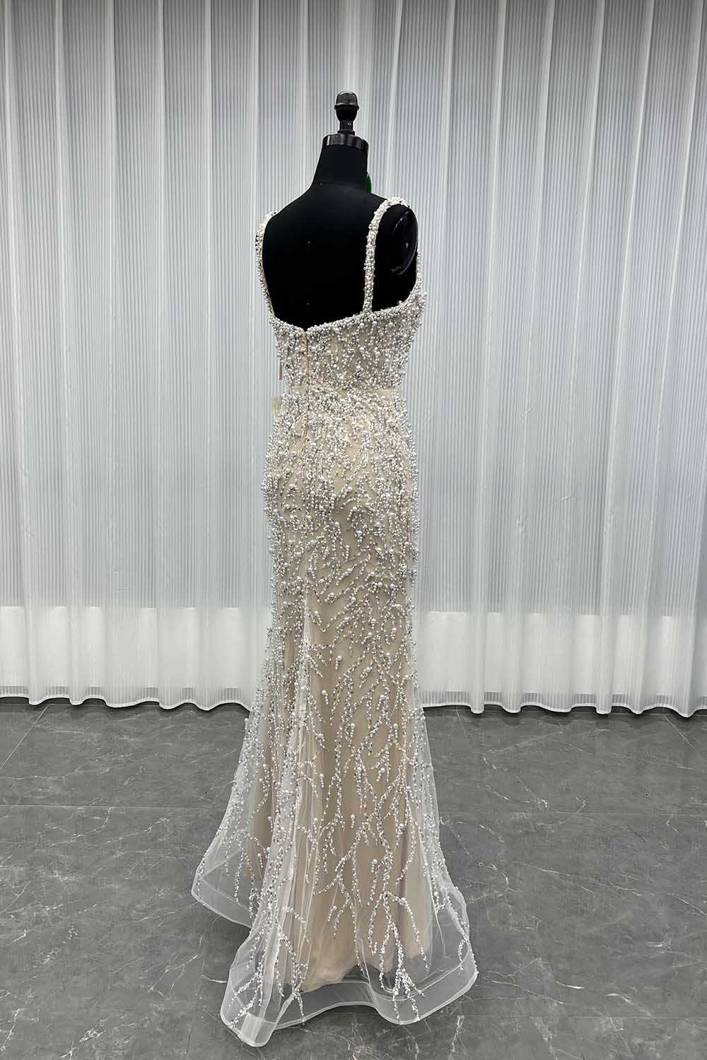 YQLNNE 0121 White Nude Straps Pearls Beaded Wedding Party Gown Formal Evening Dress