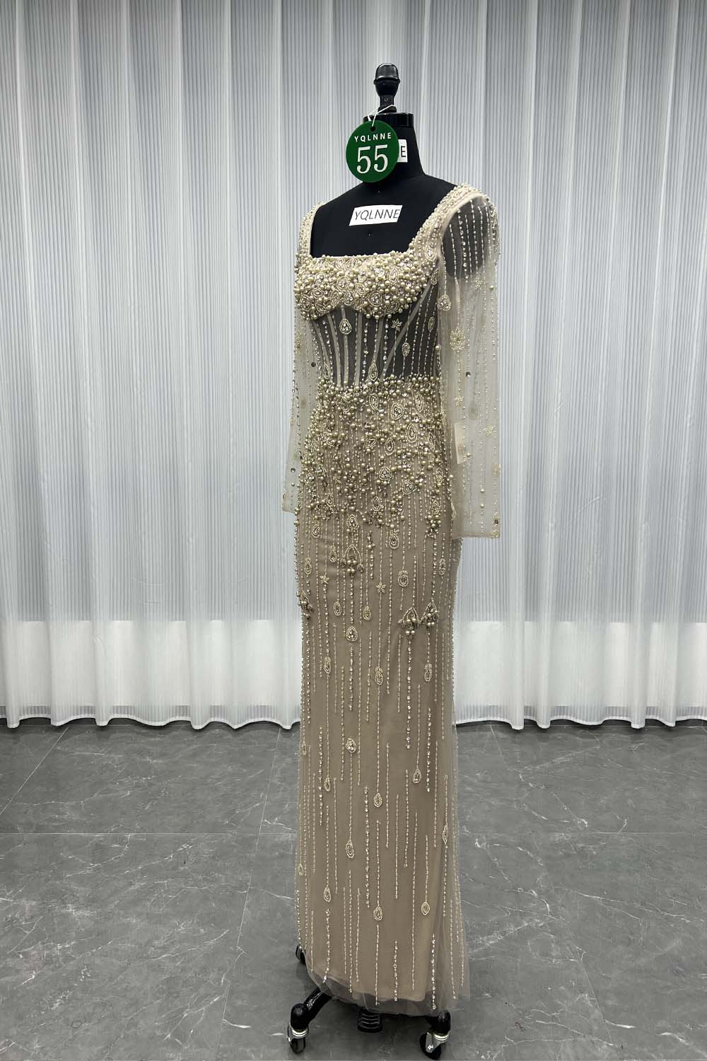 YQLNNE 055 Nude Long Sleeves Crystals Evening Dress Formal Party Gown Beaded