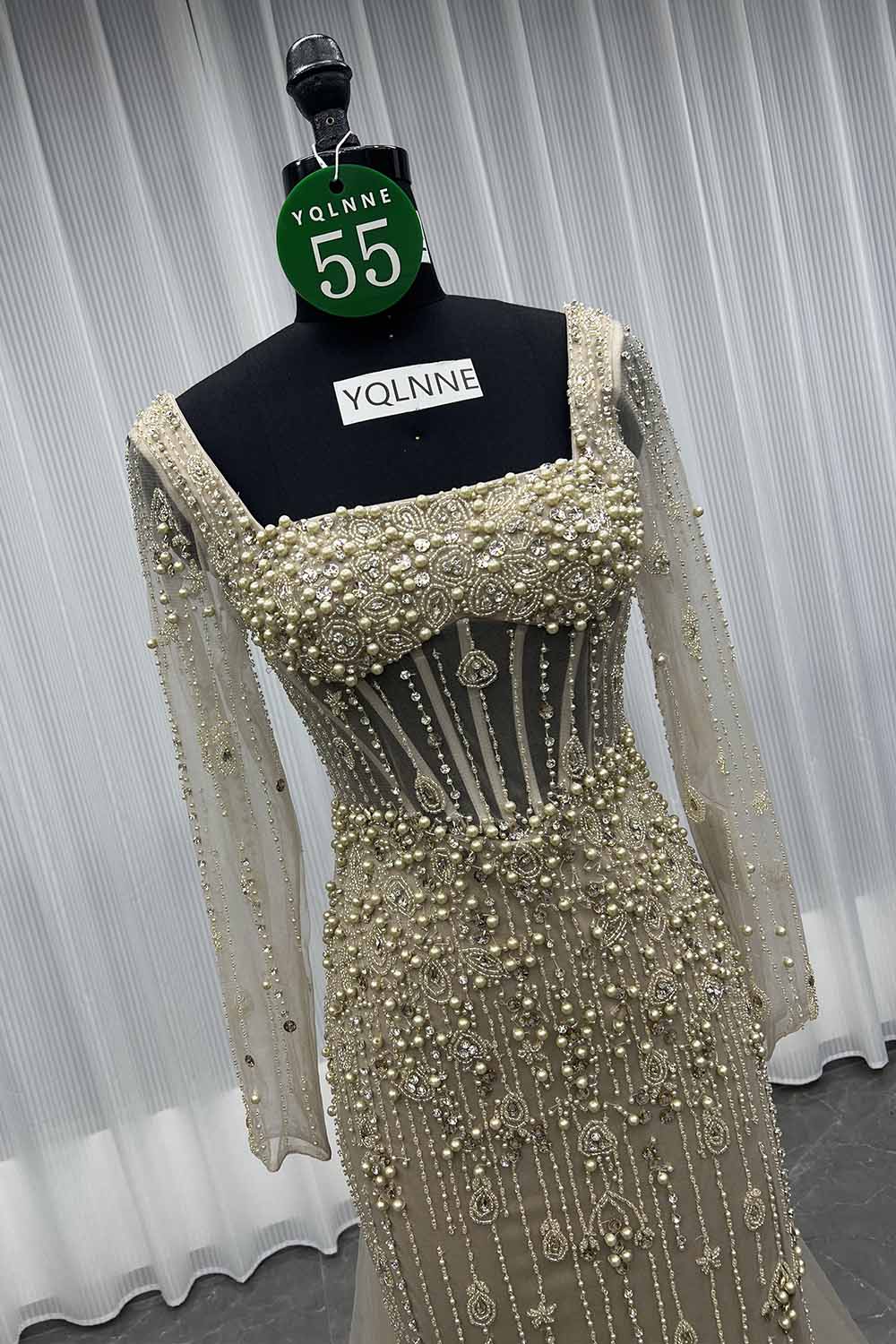 YQLNNE 055 Nude Long Sleeves Crystals Evening Dress Formal Party Gown Beaded