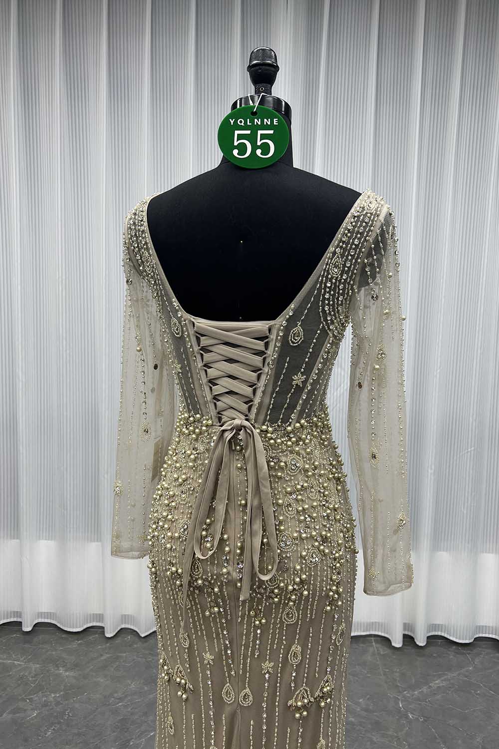 YQLNNE 055 Nude Long Sleeves Crystals Evening Dress Formal Party Gown Beaded