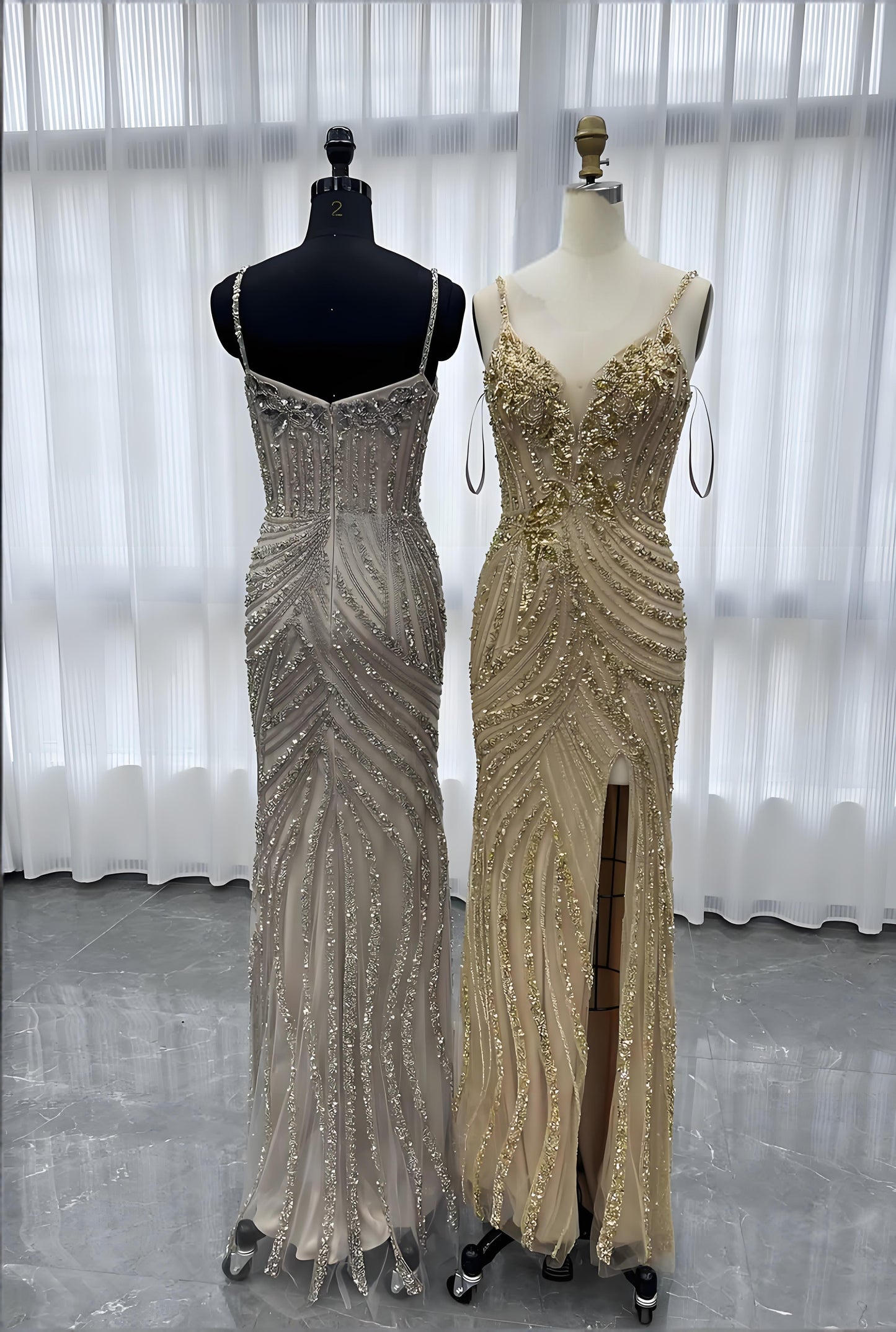 Gold Long Evening Dress Mermaid Handmade Crystals Beaded-013