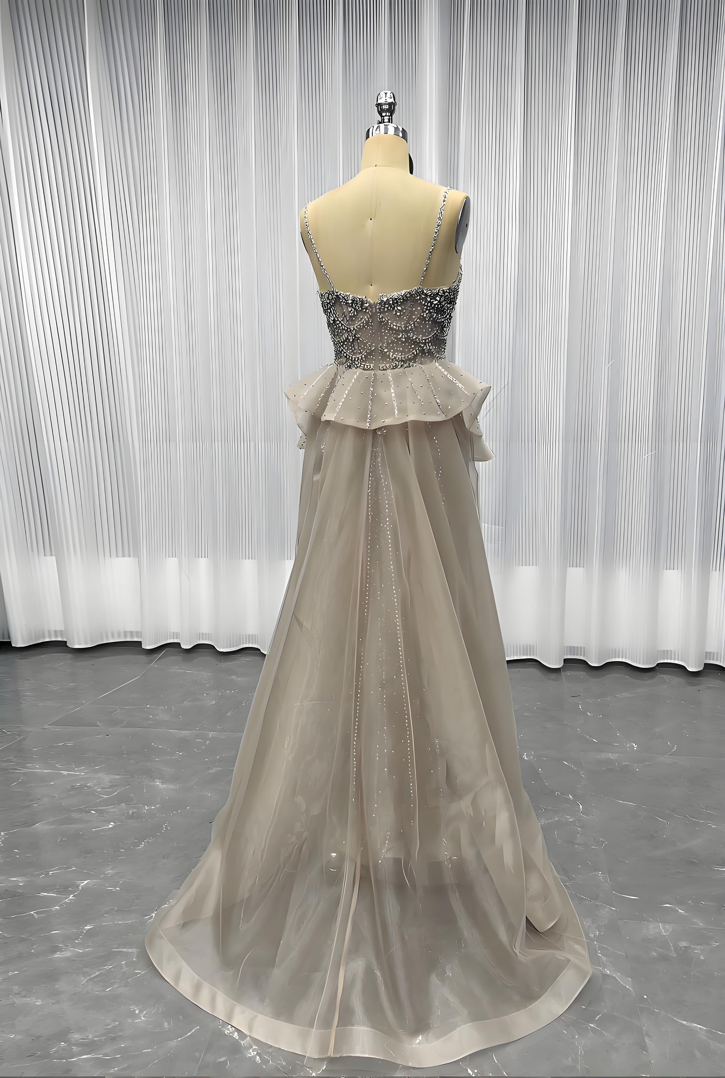 Nude Diamonds Evening Dress Straps Beaded Long Mermaid Formal Party Gown-008