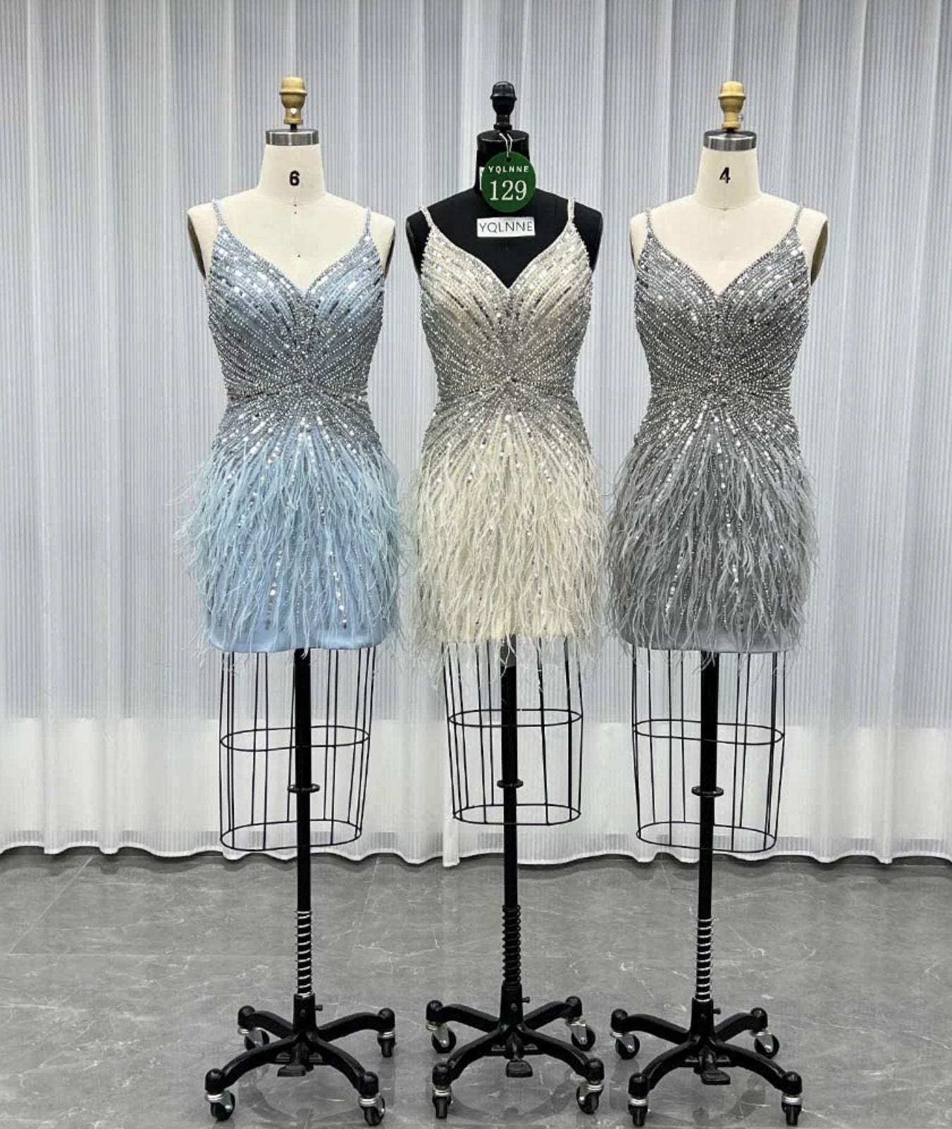 Silver Feathers Short Evening Dress Crystals Beaded Party Gown