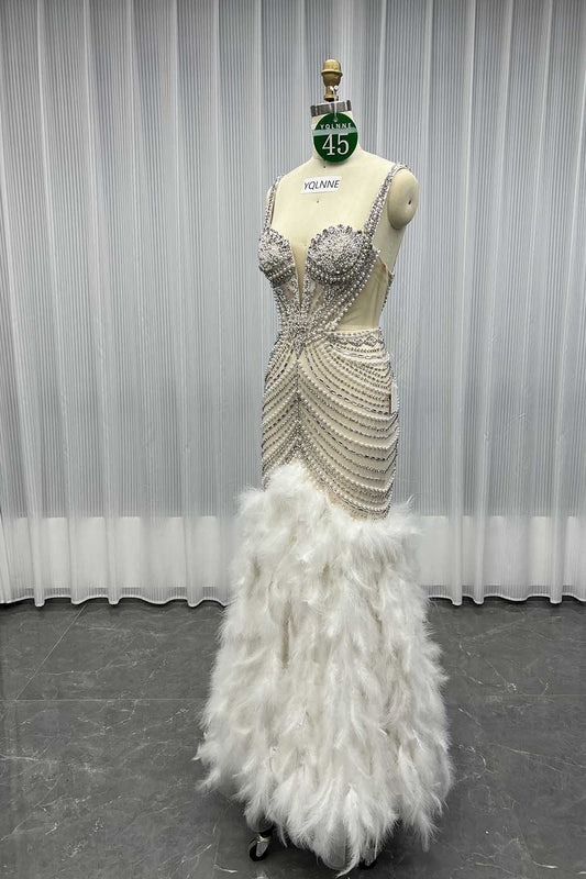 YQLNNE 045 White Feathers Crystals Wedding Party Gown Formal Evening Dress Mermaid