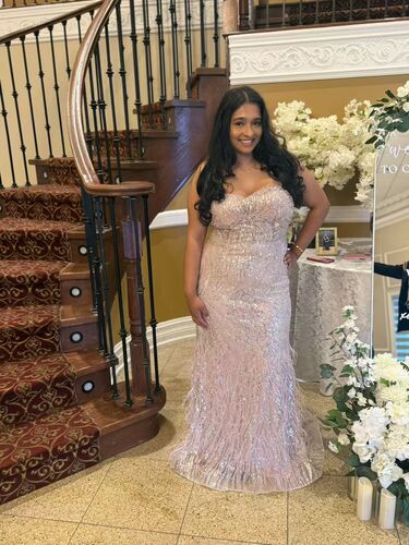 YQLNNE 0117 Pink Feathers Long Evening Dress With Beading