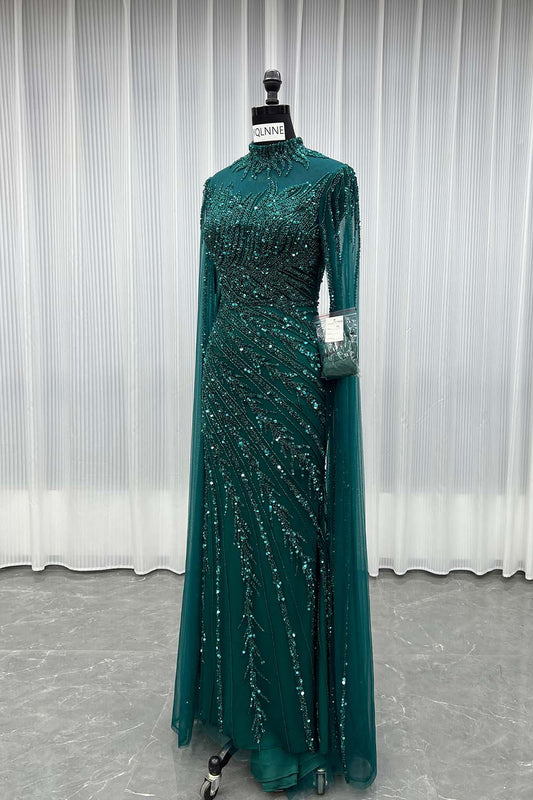 YQLNNE 049 Modest Dark Green Long Evening Dress With Handmade Beaded Formal Gowns