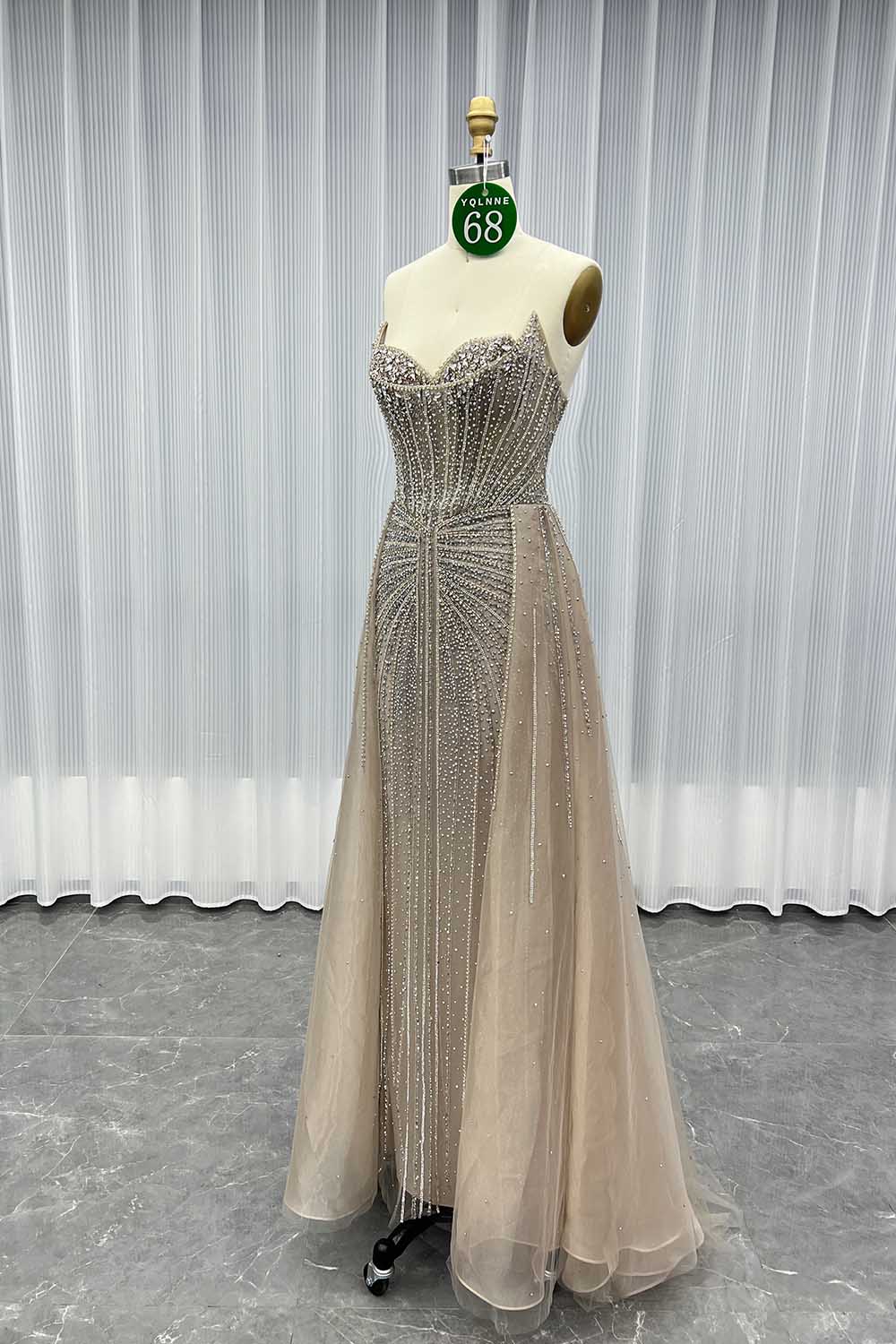 YQLNNE 068 Nude Rhinestones Evening Dress Strapless Beaded Party Dress