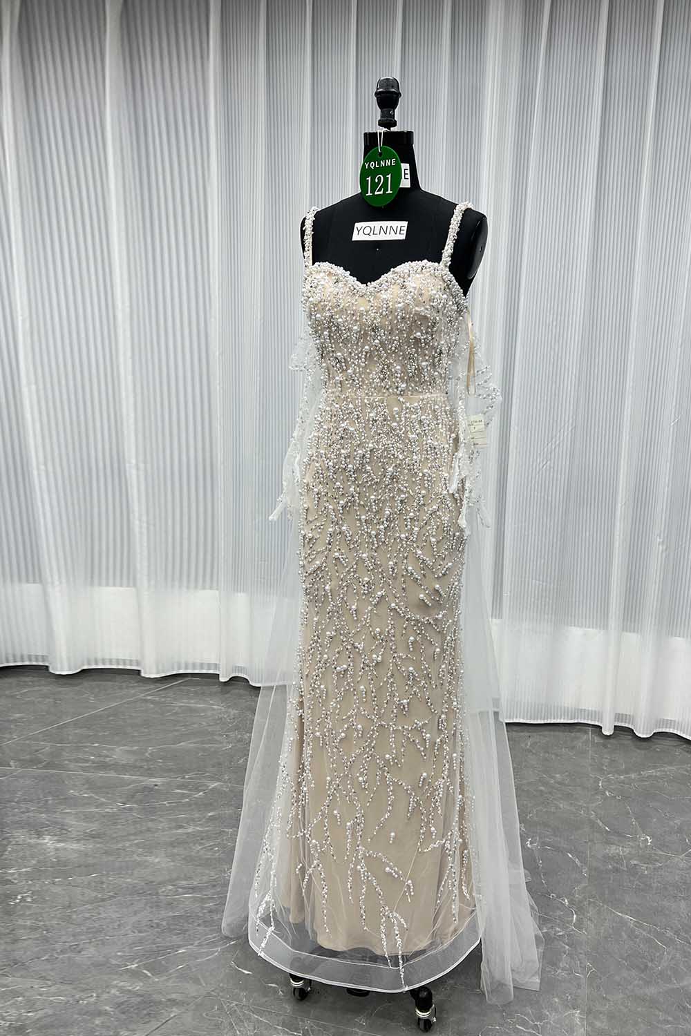 YQLNNE 0121 White Nude Straps Pearls Beaded Wedding Party Gown Formal Evening Dress