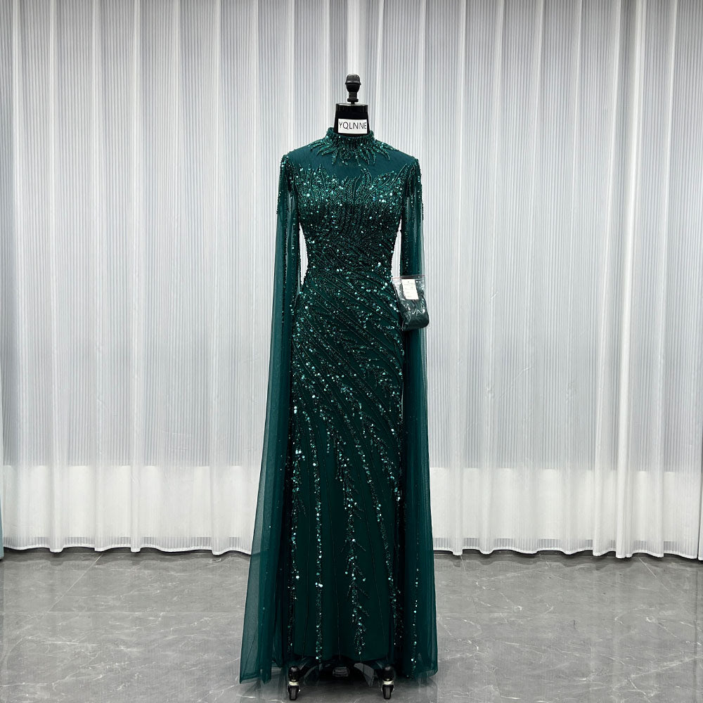 YQLNNE 049 Modest Dark Green Long Evening Dress With Handmade Beaded Formal Gowns