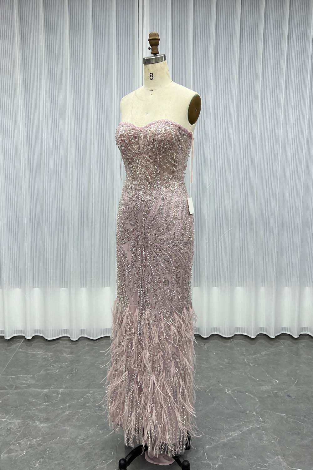 YQLNNE 0117 Pink Feathers Long Evening Dress With Beading