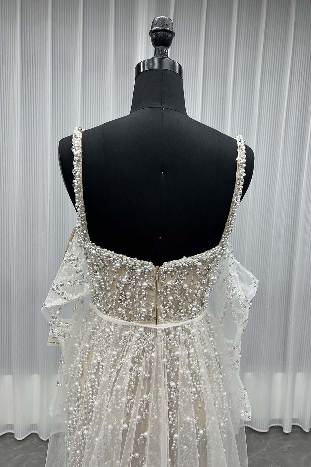 YQLNNE 0121 White Nude Straps Pearls Beaded Wedding Party Gown Formal Evening Dress