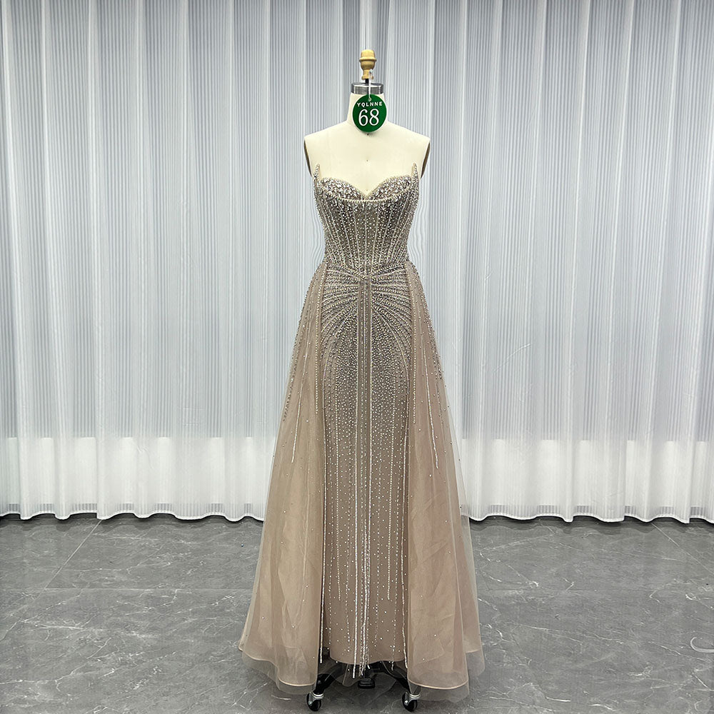 YQLNNE 068 Nude Rhinestones Evening Dress Strapless Beaded Party Dress