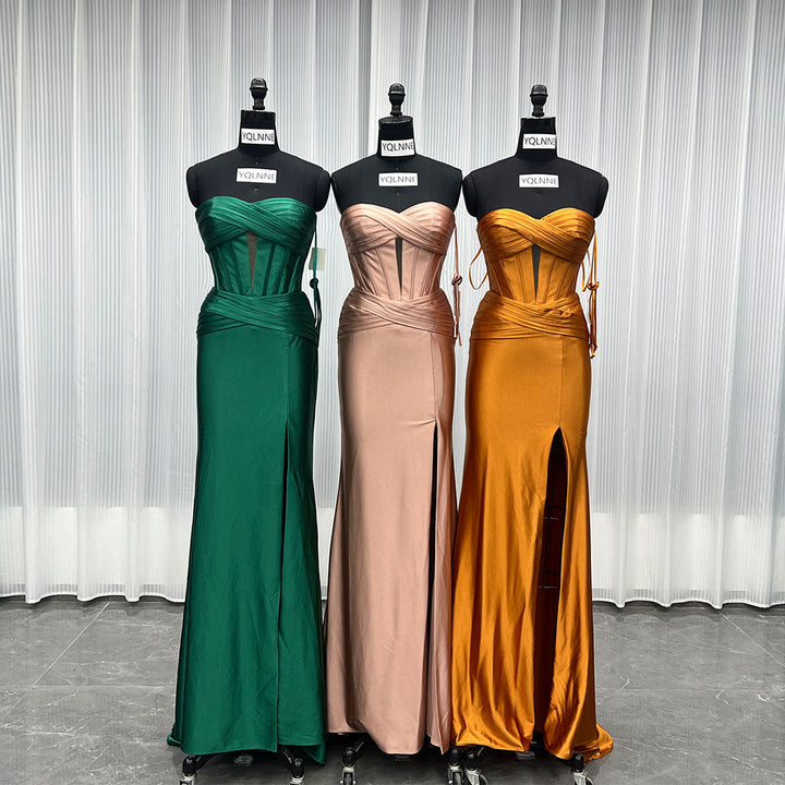 YQLNNE 0163 Dusty Pink Crystals Long Prom Dress Slit Evening Gown