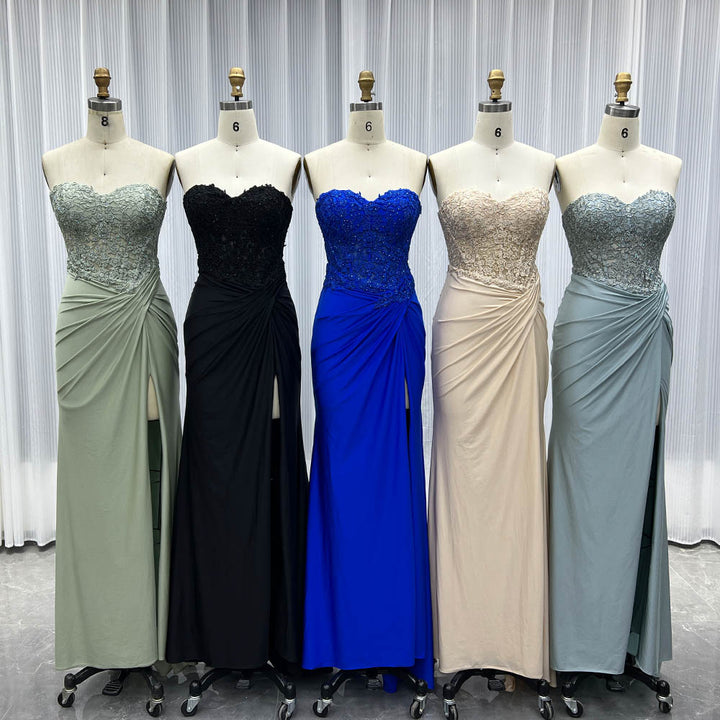 YQLNNE 0163 Dusty Pink Crystals Long Prom Dress Slit Evening Gown