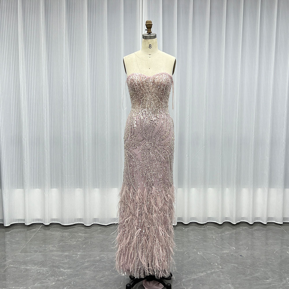 YQLNNE 0117 Pink Feathers Long Evening Dress With Beading