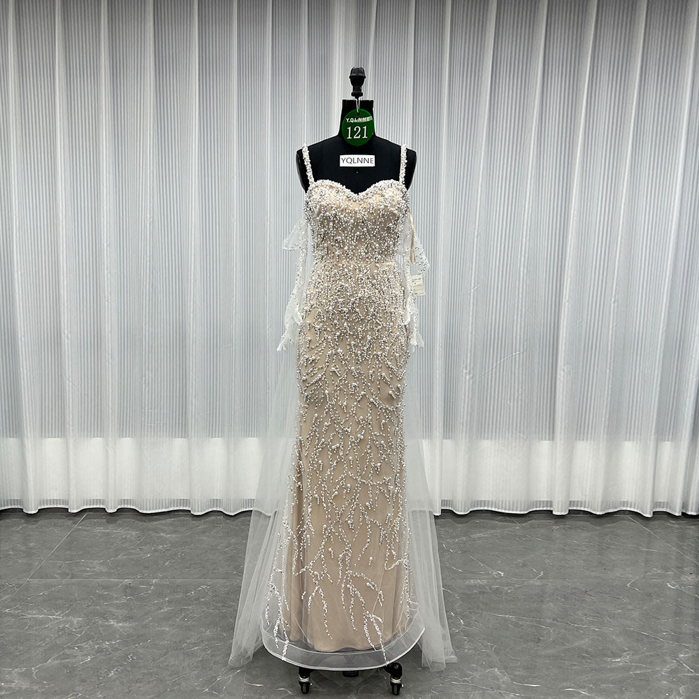 YQLNNE 0121 White Nude Straps Pearls Beaded Wedding Party Gown Formal Evening Dress
