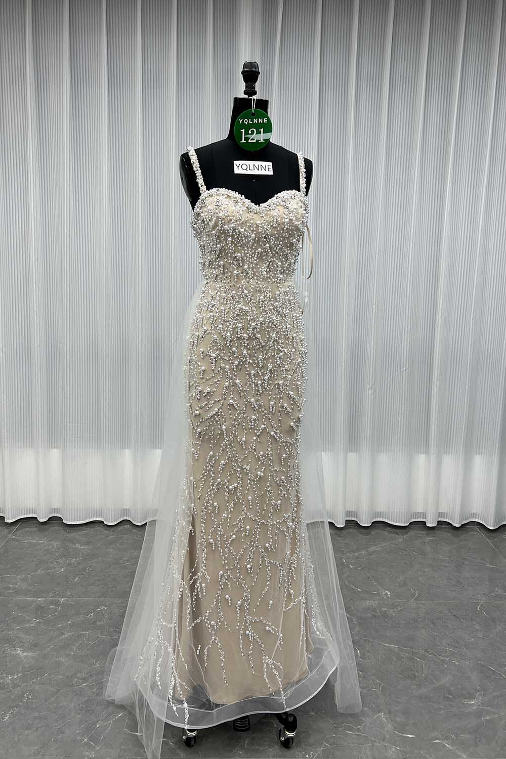 YQLNNE 0121 White Nude Straps Pearls Beaded Wedding Party Gown Formal Evening Dress