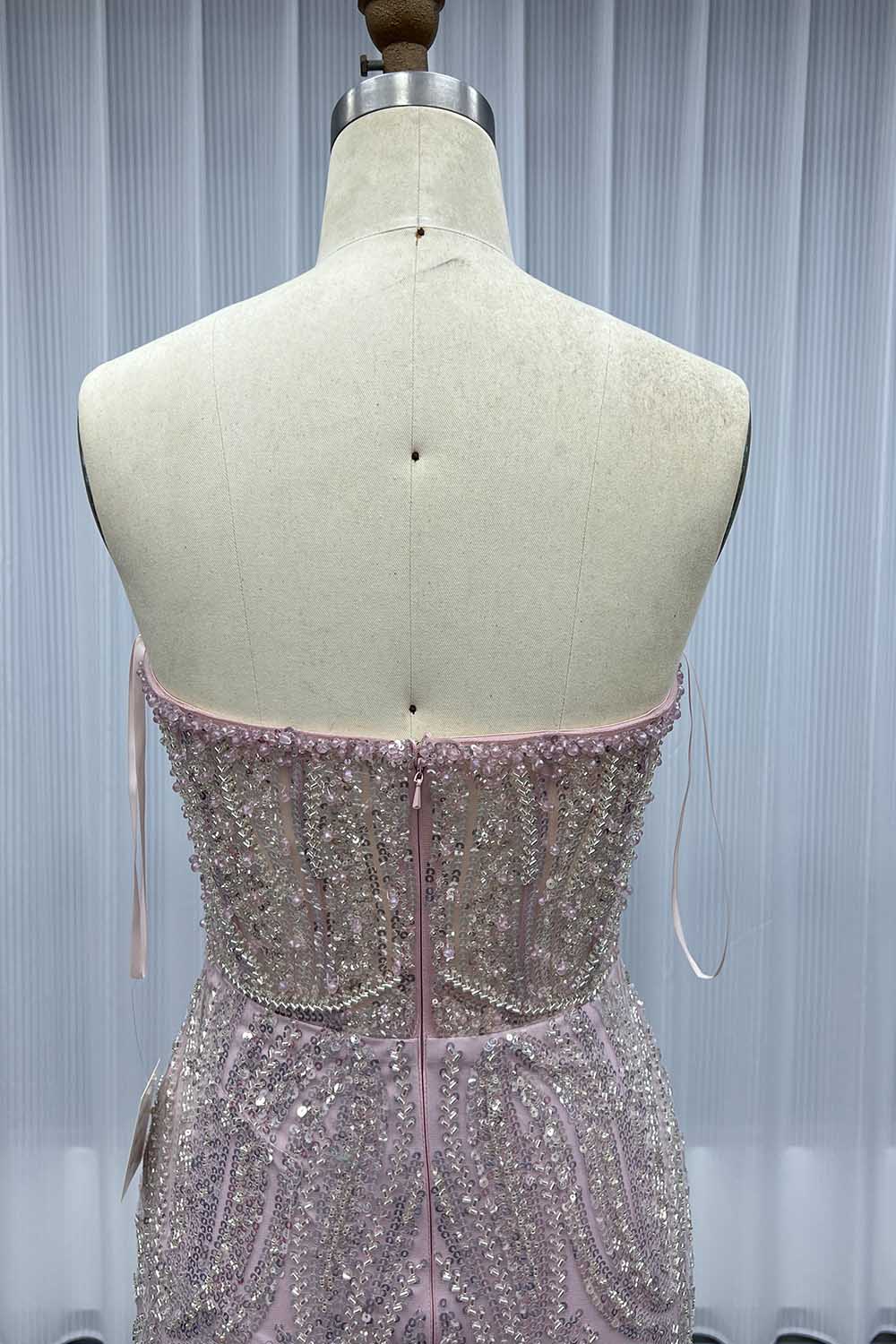 YQLNNE 0117 Pink Feathers Long Evening Dress With Beading