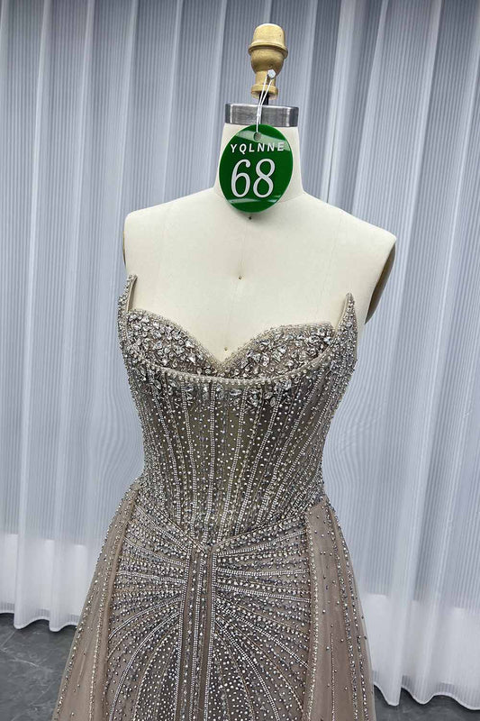 YQLNNE 068 Nude Rhinestones Evening Dress Strapless Beaded Party Dress