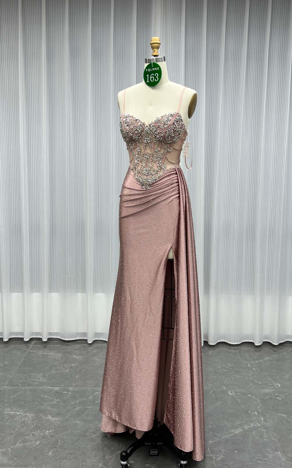 YQLNNE 0163 Dusty Pink Crystals Long Prom Dress Slit Evening Gown