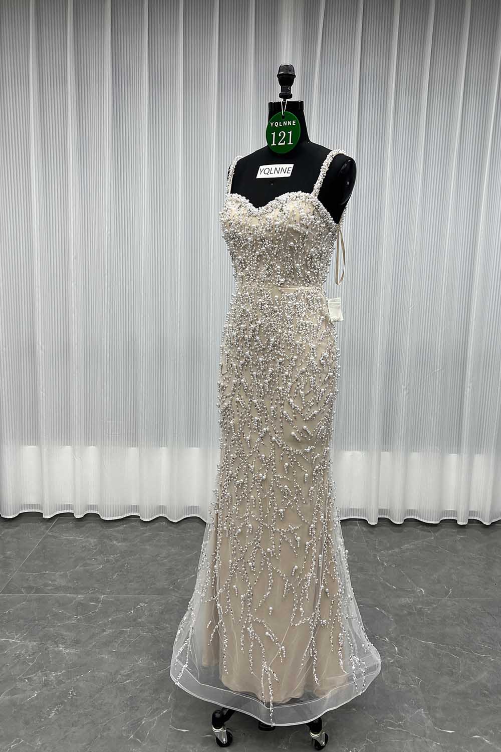 YQLNNE 0121 White Nude Straps Pearls Beaded Wedding Party Gown Formal Evening Dress