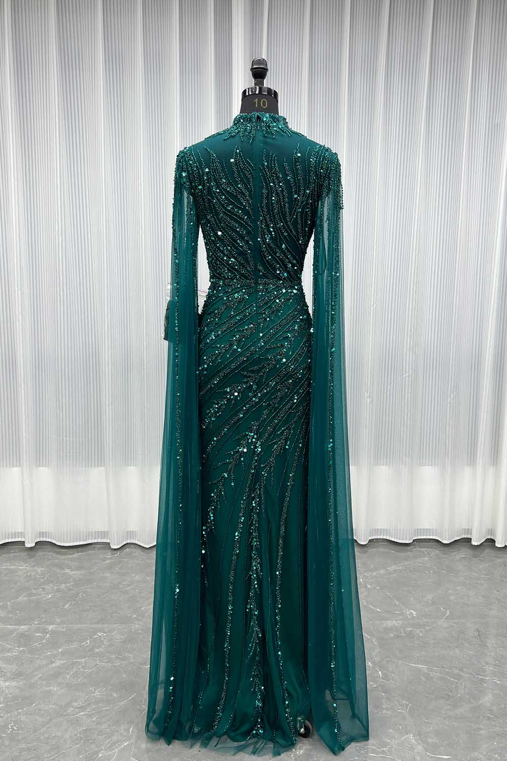 YQLNNE 049 Modest Dark Green Long Evening Dress With Handmade Beaded Formal Gowns