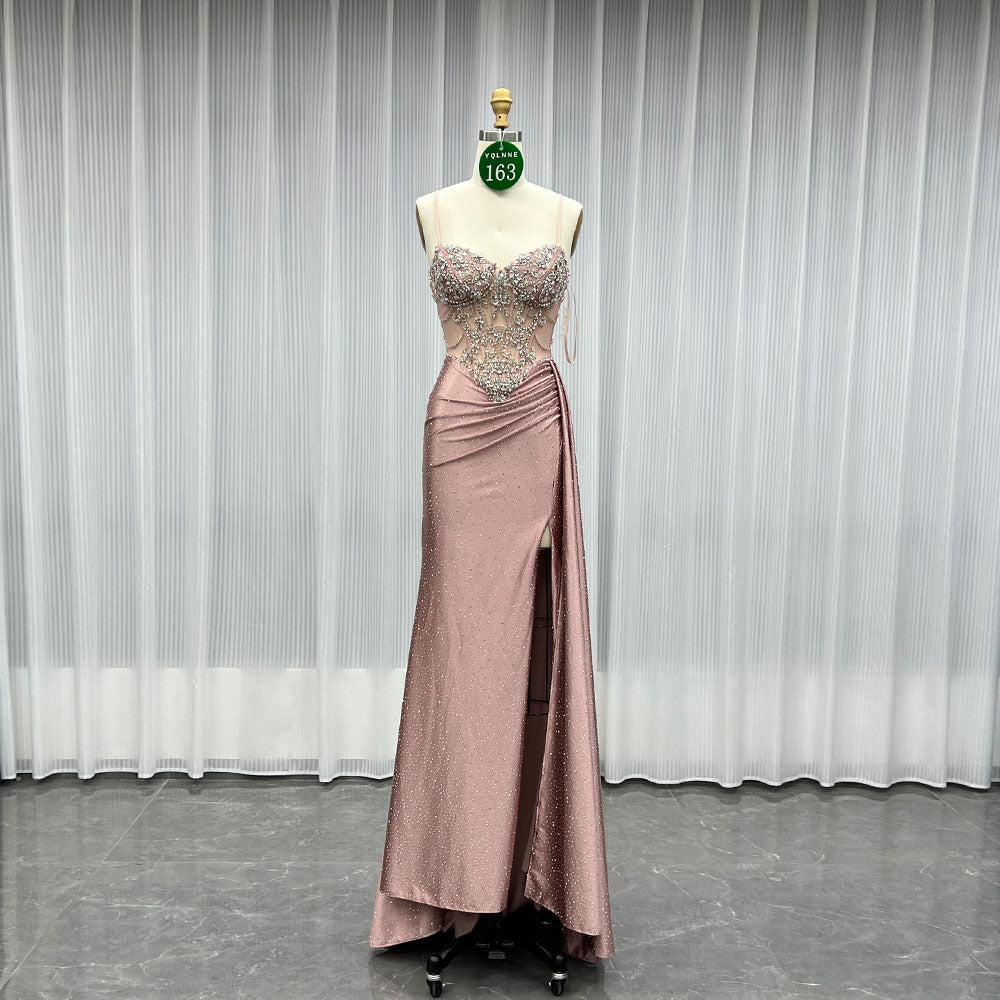 YQLNNE 0163 Dusty Pink Crystals Long Prom Dress Slit Evening Gown