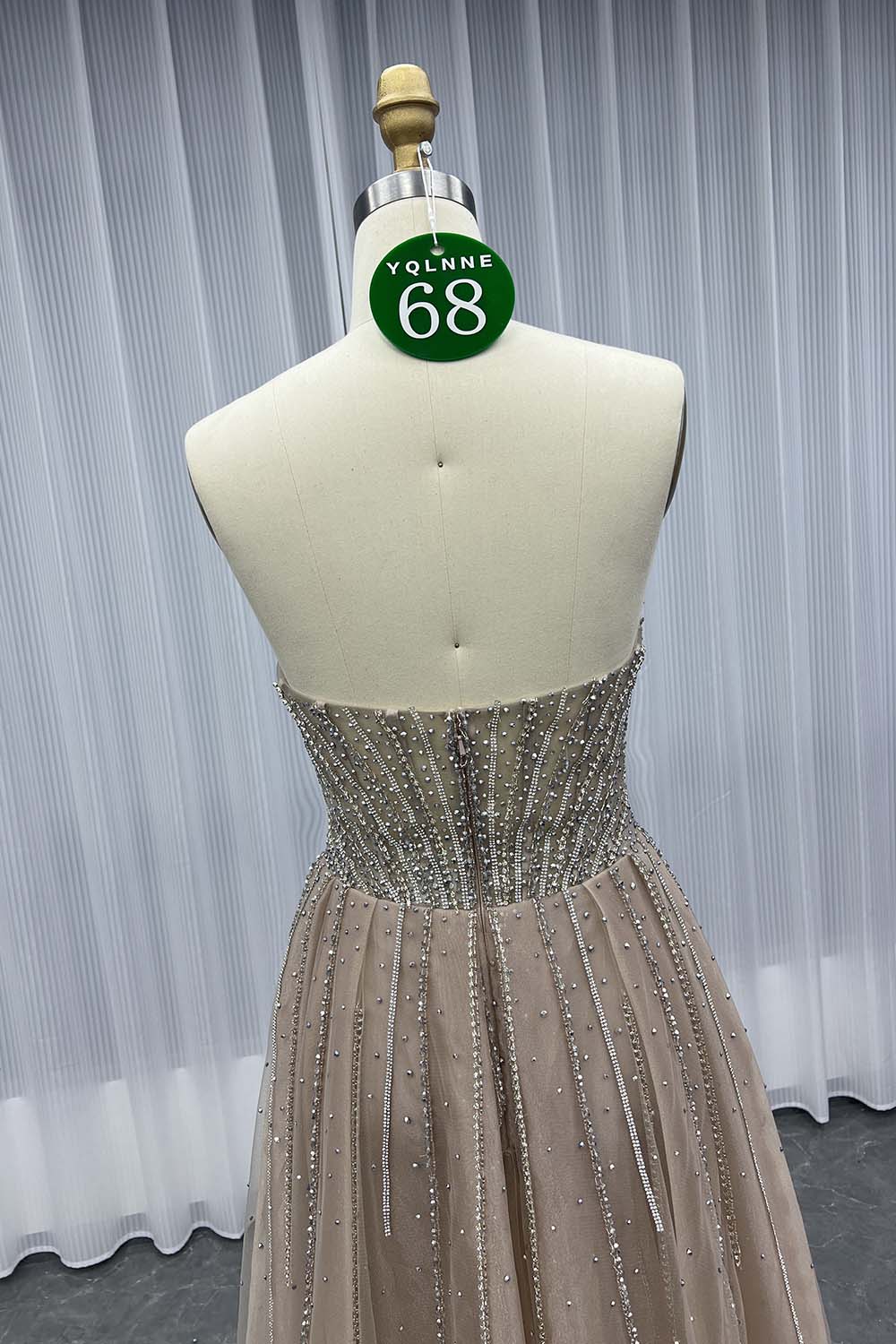 YQLNNE 068 Nude Rhinestones Evening Dress Strapless Beaded Party Dress