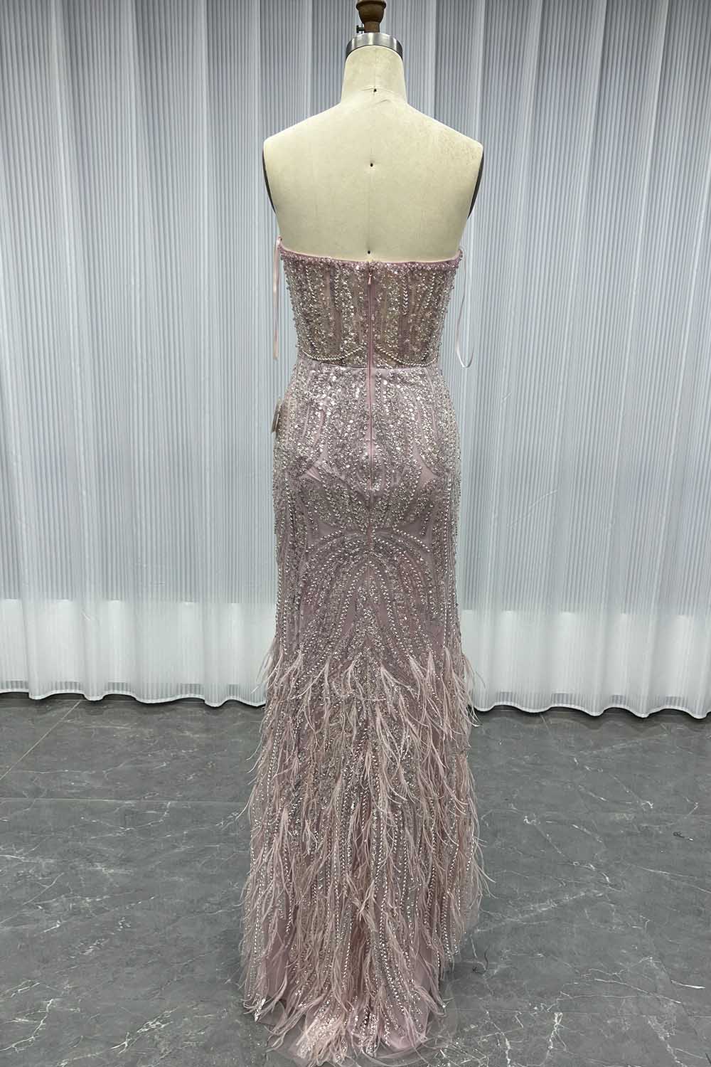 YQLNNE 0117 Pink Feathers Long Evening Dress With Beading