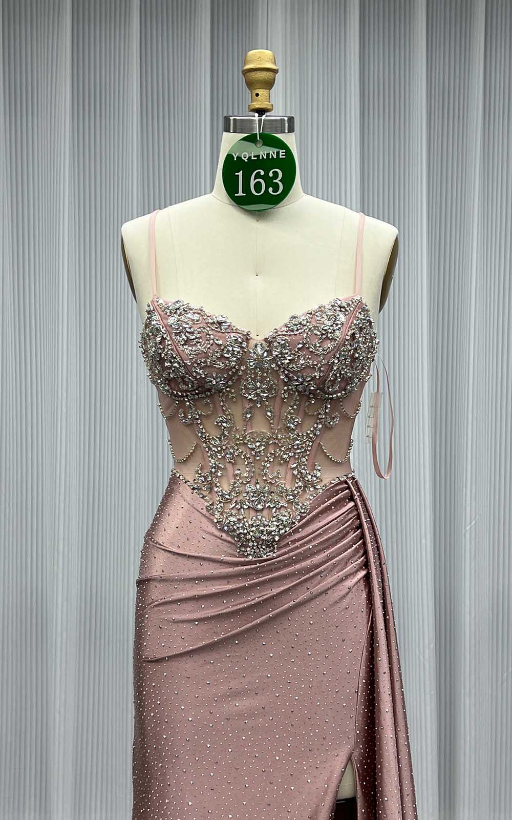 YQLNNE 0163 Dusty Pink Crystals Long Prom Dress Slit Evening Gown