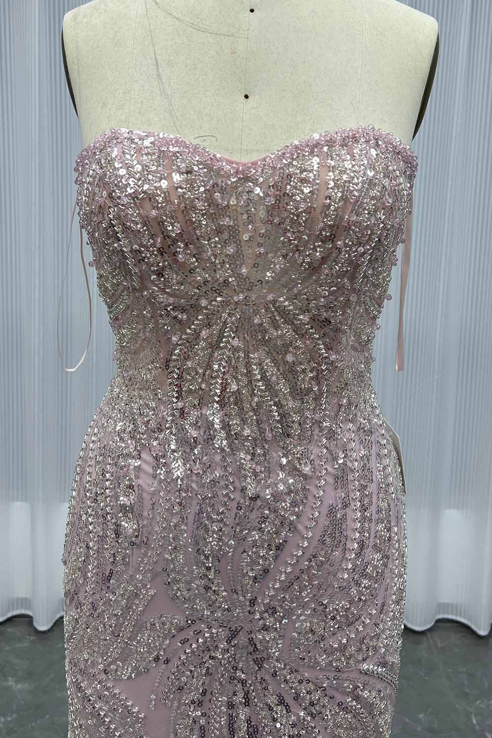 YQLNNE 0117 Pink Feathers Long Evening Dress With Beading