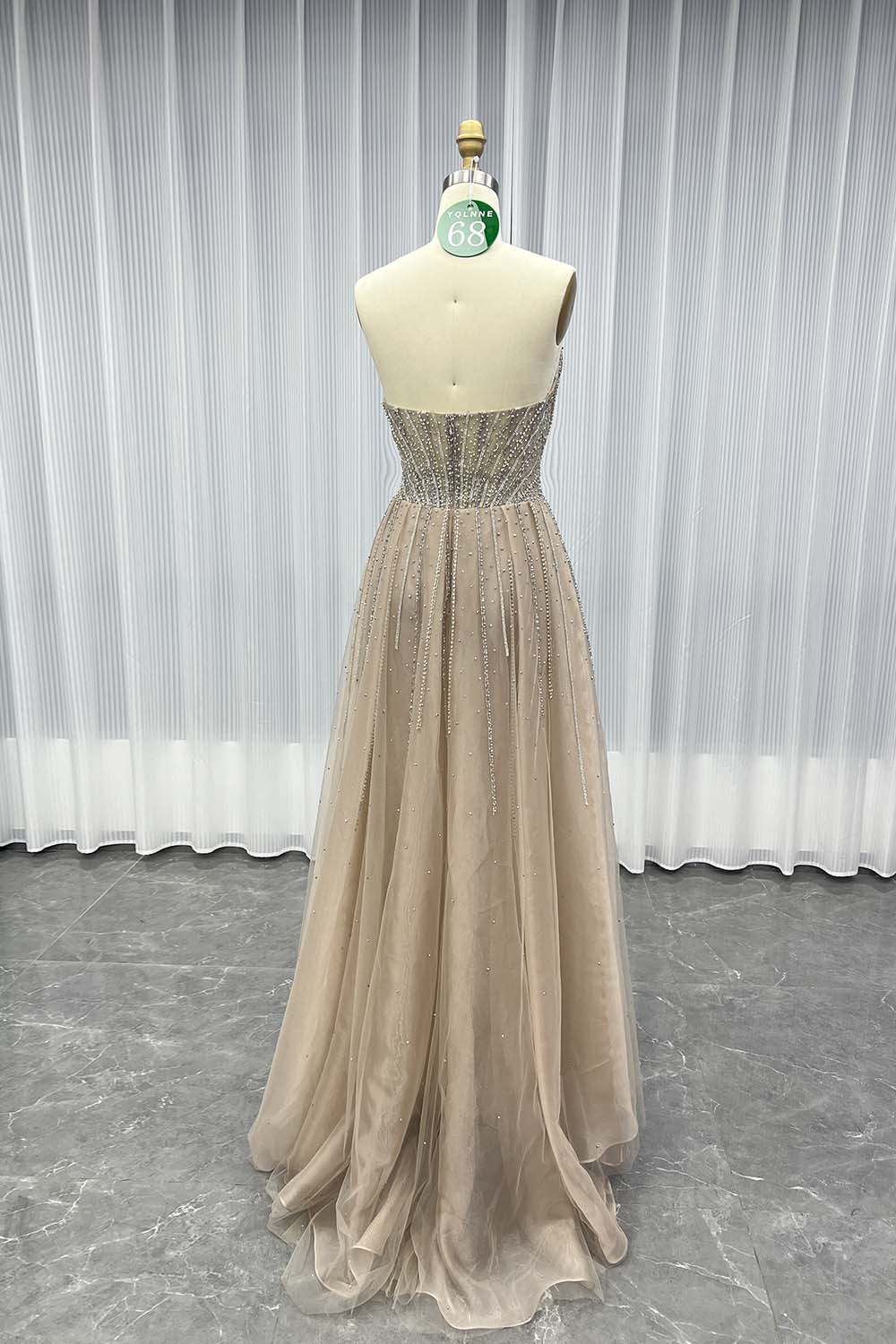 YQLNNE 068 Nude Rhinestones Evening Dress Strapless Beaded Party Dress