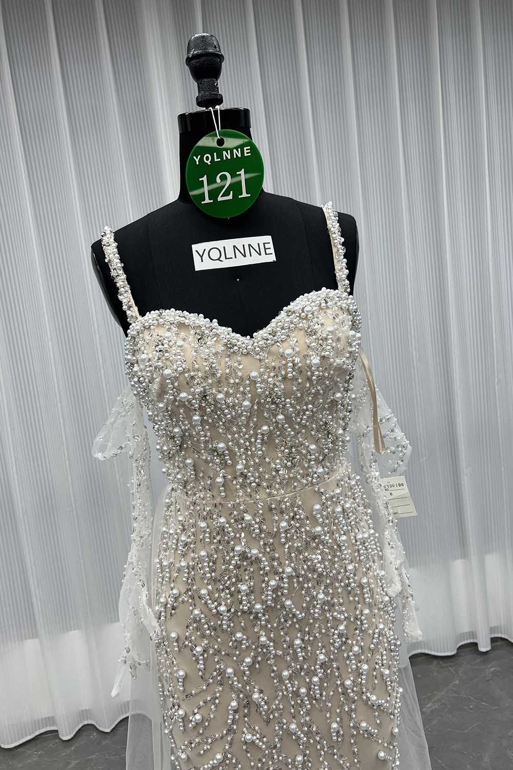 YQLNNE 0121 White Nude Straps Pearls Beaded Wedding Party Gown Formal Evening Dress