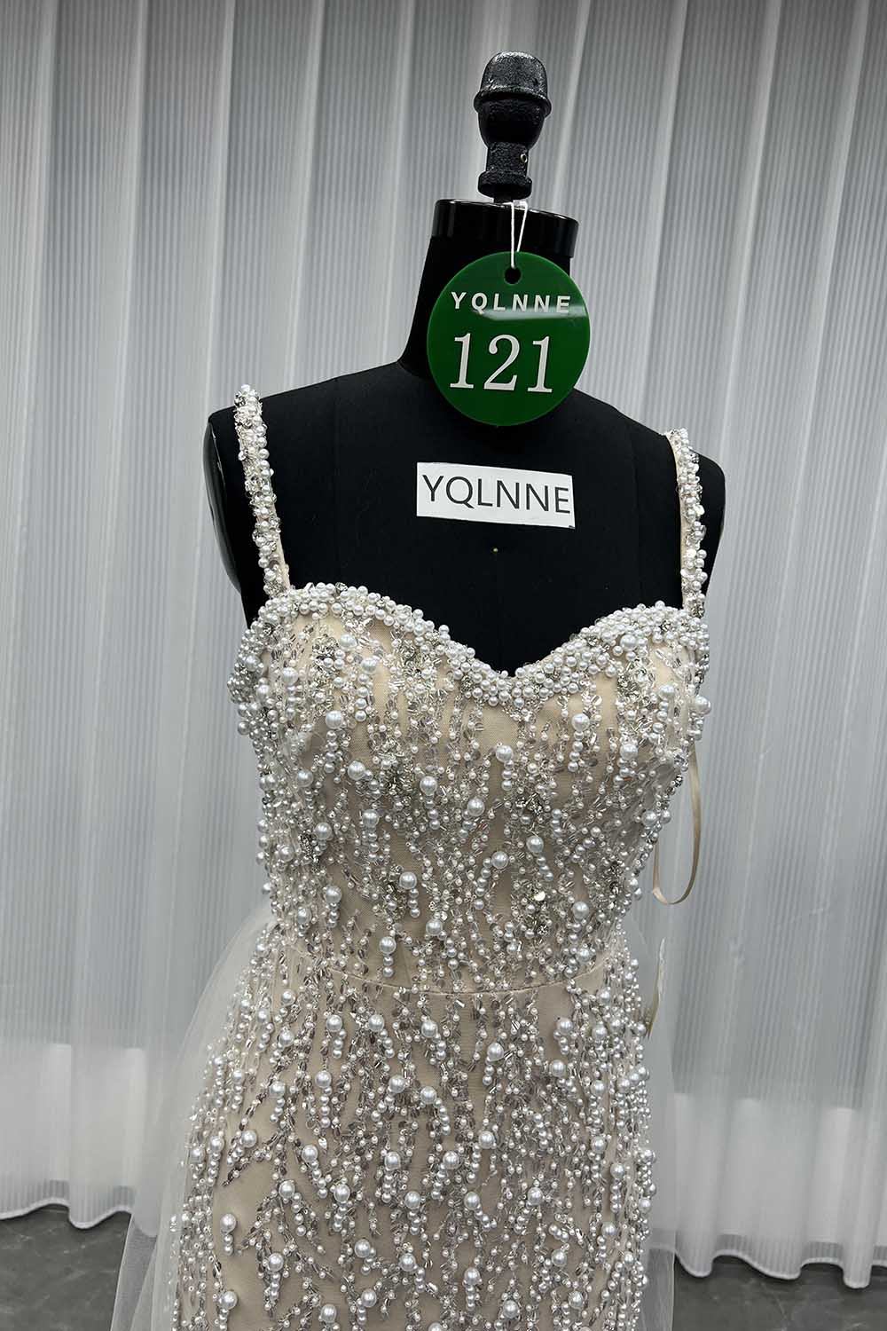 YQLNNE 0121 White Nude Straps Pearls Beaded Wedding Party Gown Formal Evening Dress