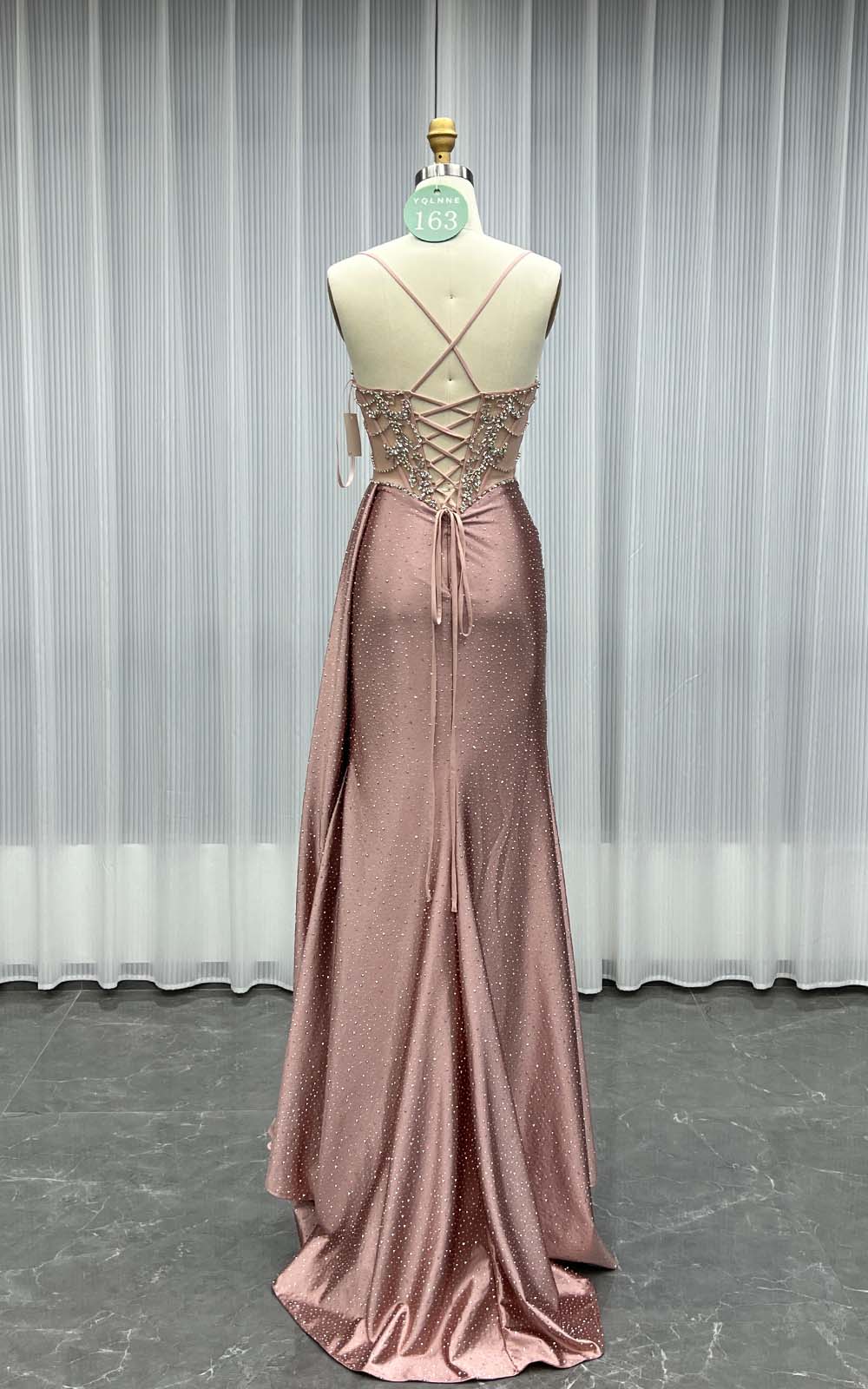 YQLNNE 0163 Dusty Pink Crystals Long Prom Dress Slit Evening Gown