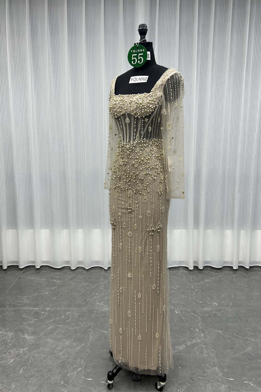 YQLNNE 055 Nude Long Sleeves Crystals Evening Dress Formal Party Gown Beaded