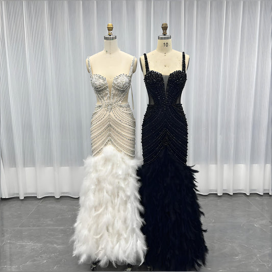 Feathers Crystals Evening Party Gown Mermaid Formal Dress-006