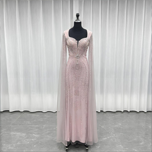 Modest Pink Rhinestones Evening Dress With Shawl-007