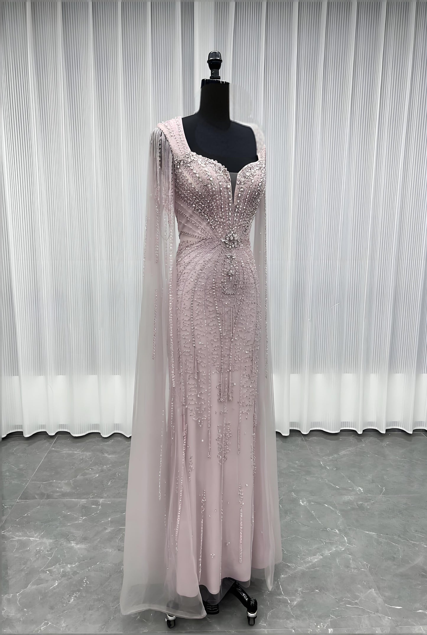 Modest Pink Rhinestones Evening Dress With Shawl-007
