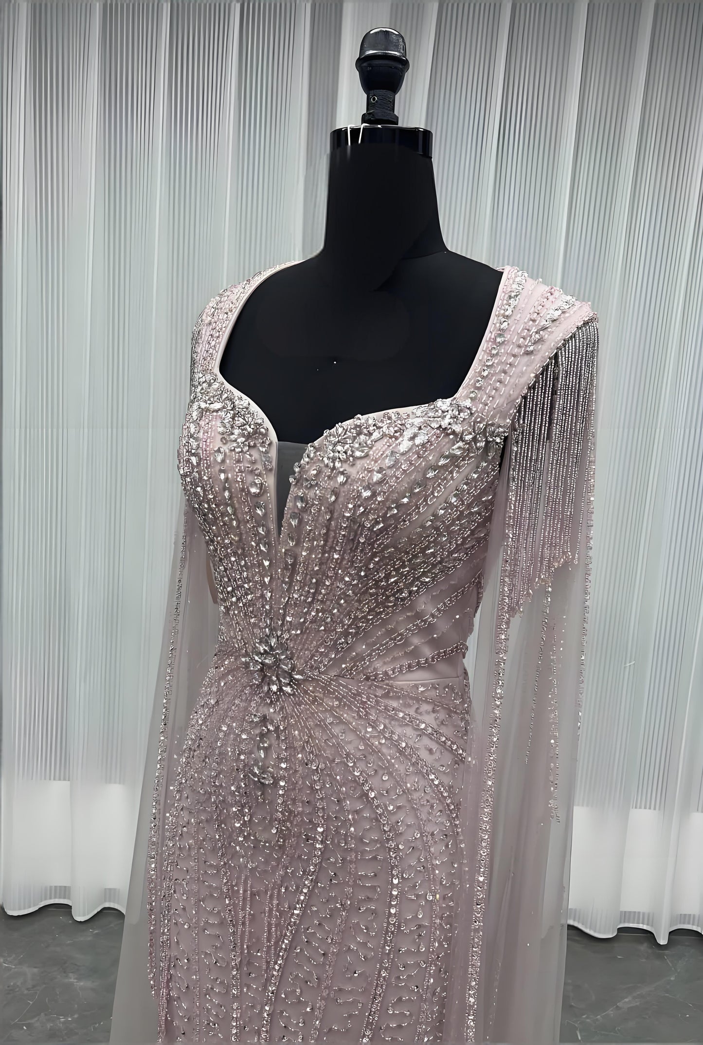 Modest Pink Rhinestones Evening Dress With Shawl-007