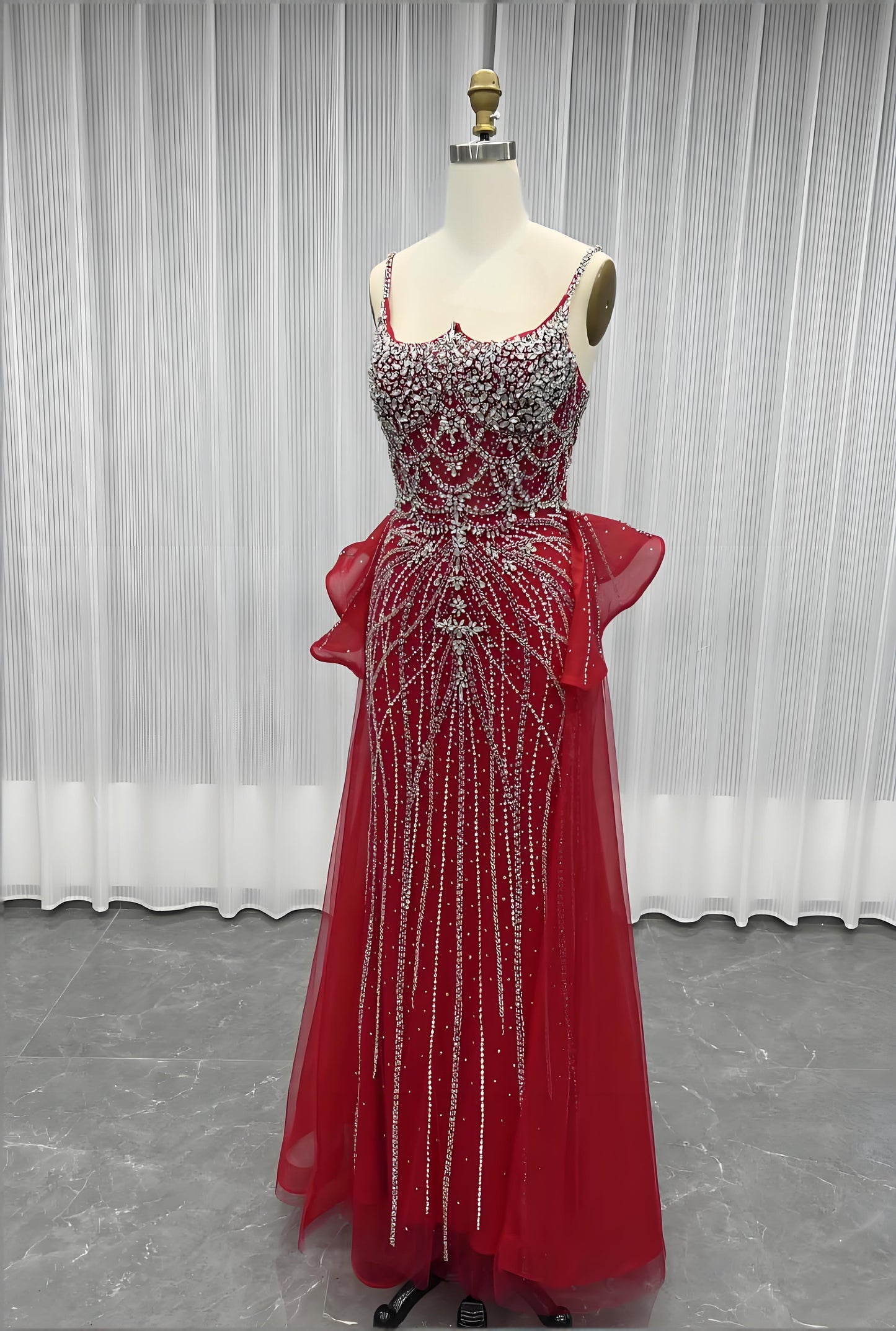 Nude Diamonds Evening Dress Straps Beaded Long Mermaid Formal Party Gown-008