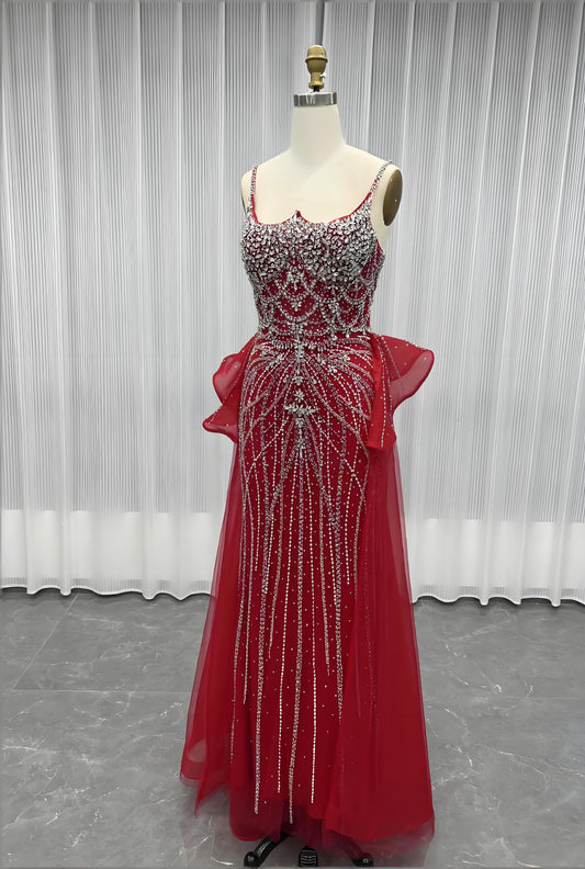 Nude Diamonds Evening Dress Straps Beaded Long Mermaid Formal Party Gown-008