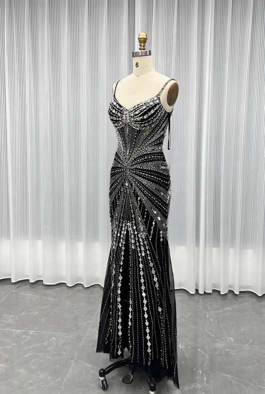 Crystals Pageant Evening Gown Long Slit Strapless Women Party Dress-009