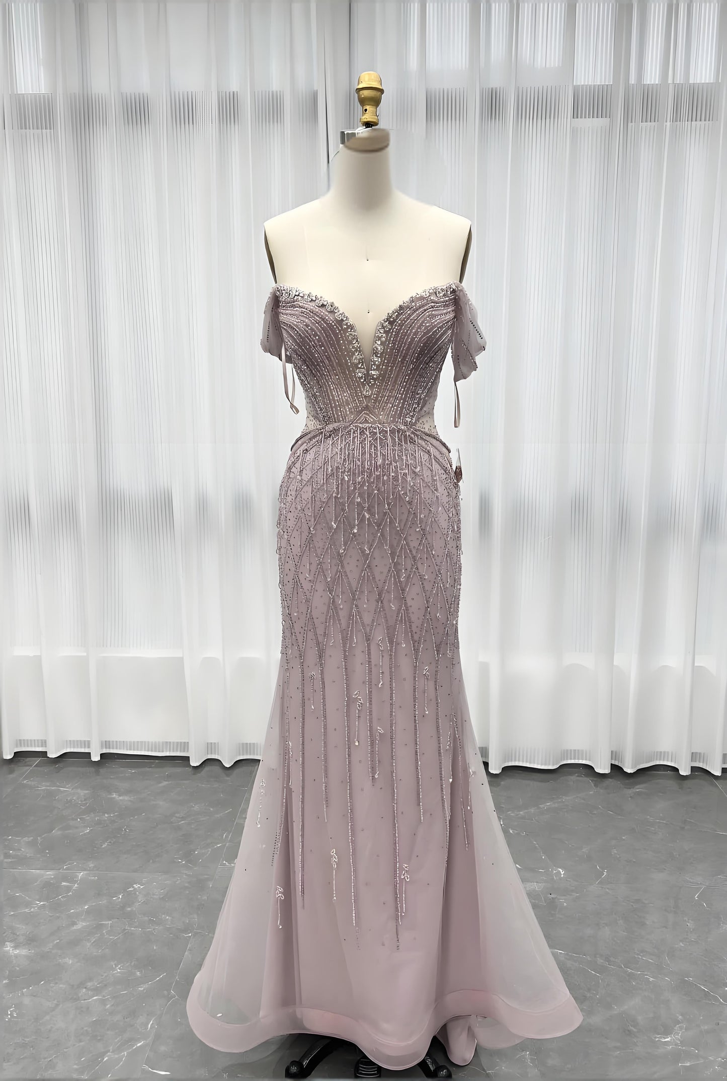 Off Shoulder Evening Dress Long Crystals Beaded Evening Gown-010