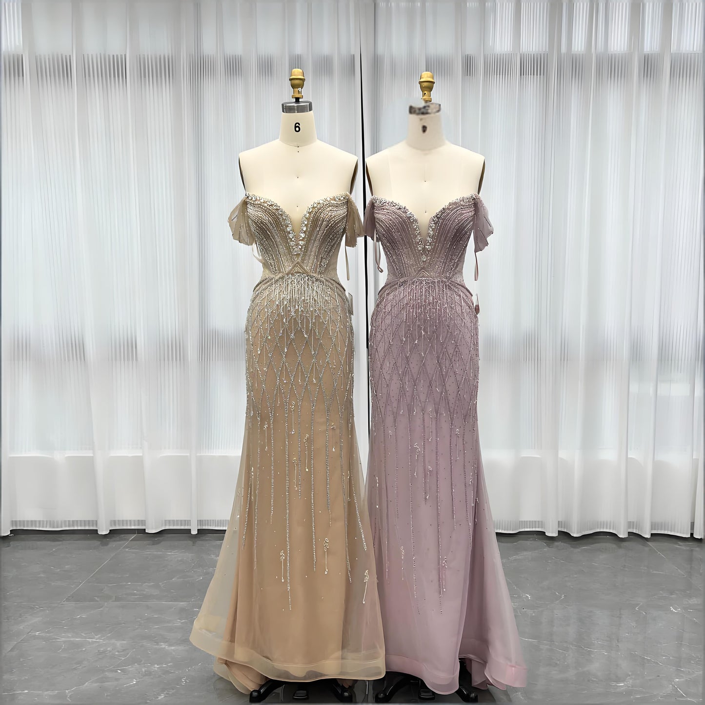 Off Shoulder Evening Dress Long Crystals Beaded Evening Gown-010